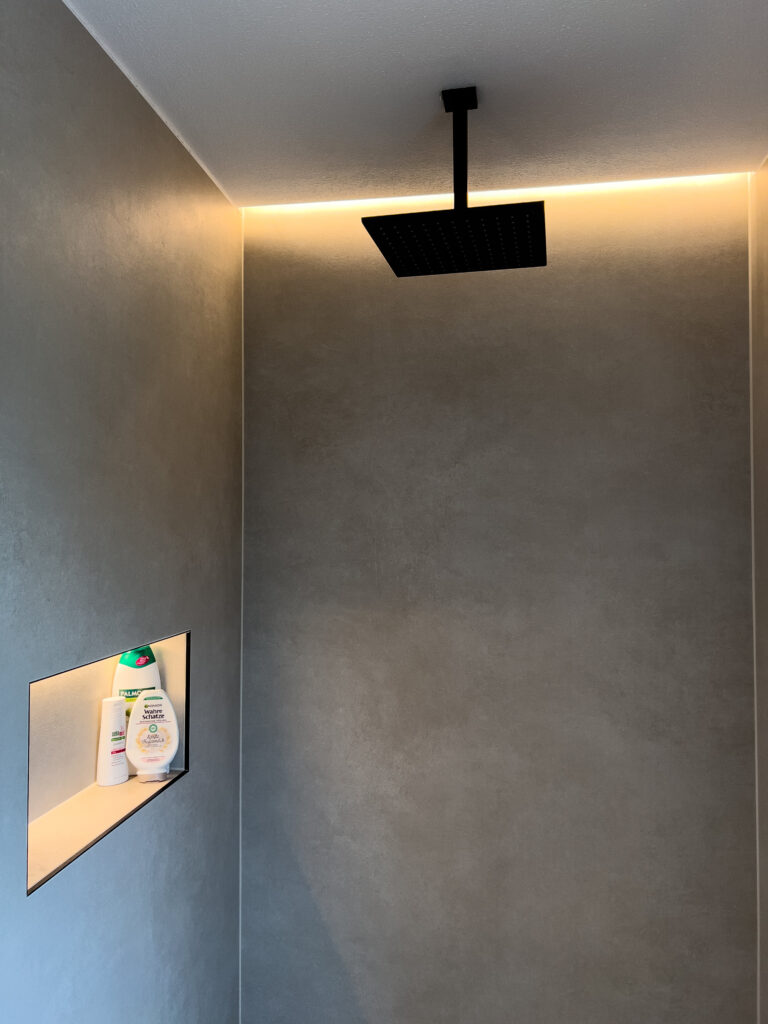 Moderne Dusche mit indirekter Deckenbeleuchtung und beleuchtetem Wandnischenregal.