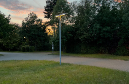 Mastleuchte mit warmweißem Licht zur Ausleuchtung eines Weges in naturnaher Umgebung bei Abenddämmerung